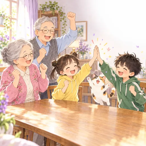 The family cheers and high-fives around an empty wooden table as the calico cat leaps up