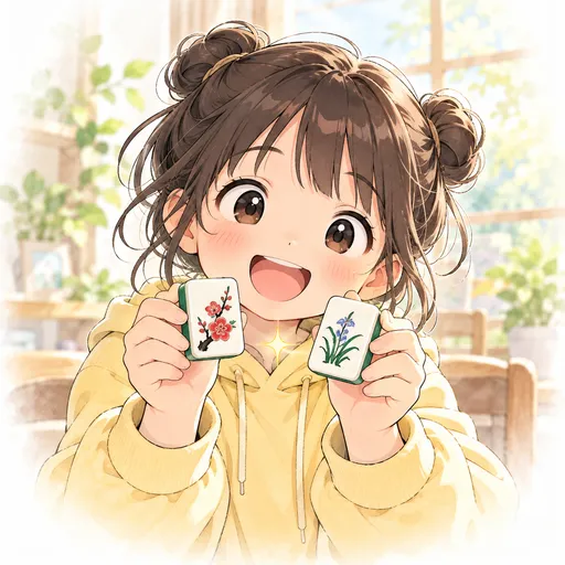 The granddaughter holds a plum tile in one hand and an orchid tile in the other, happy to find they match