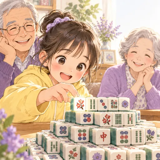 The granddaughter's finger touches the leftmost tile of the top row, with empty space beside it