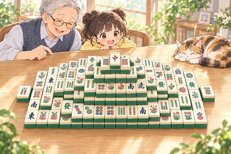 A grandpa and his granddaughter look at a turtle-shaped stack of mahjong solitaire tiles on a wooden table while a calico cat sleeps in the corner