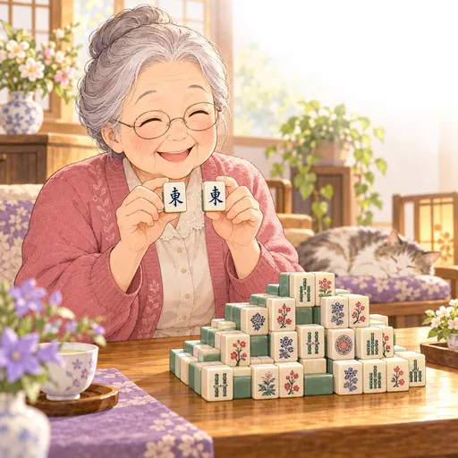 Grandma holds two matching East wind tiles, and the stack beside her has shrunk