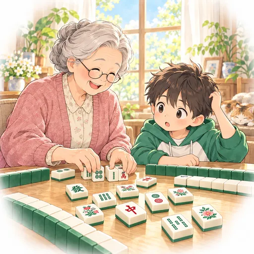 The grandson scratches his head at the remaining tiles while Grandma helps rearrange a few